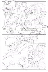 Size: 1280x1920 | Tagged: explicit, artist:crade, artist:permpony, apple bloom, scootaloo, sweetie belle, comic:magically pernicious, banned from derpibooru, bunny suit, comic, cutie mark crusaders, female, human, humanized, imported from twibooru, lesbian, lolicon, playboy bunny, playboy bunny scootaloo, scootabelle, shipping, underage