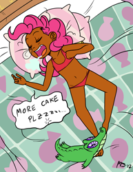 Size: 1041x1347 | Tagged: suggestive, artist:megasweet, artist:smile, editor:anonymous, pinkie pie, banned from derpibooru, bed, belly button, child, clothes, dark skin, drool, edit, feet, female, gummy, human, human coloration, humanized, imported from twibooru, lolicon, onomatopoeia, pajamas, panties, pillow, red underwear, sleeping, snot bubble, solo, sound effects, underage, underwear, underwear aside, underwear edit, younger, zzz