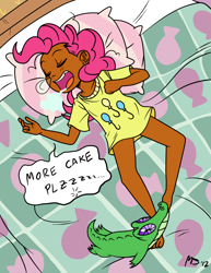 Size: 1041x1347 | Tagged: safe, artist:megasweet, artist:smile, editor:anonymous, pinkie pie, banned from derpibooru, bed, child, clothes, dark skin, drool, edit, edited edit, feet, female, gummy, human, human coloration, humanized, imported from twibooru, lolicon, onomatopoeia, partial nudity, pillow, shirt, sleeping, snot bubble, solo, sound effects, twibooru original, underage, underwear, younger, zzz
