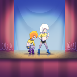 Size: 7000x7000 | Tagged: suggestive, artist:horsepen, artist:parfait, art pack:foaling around, absurd file size, absurd resolution, alternate version, banned from derpibooru, belly button, booty shorts, bra, butt, child, clothes, collaboration, crop top bra, female, human, humanized, imported from twibooru, lolicon, looking at you, midriff, peachy pie, roller skates, shorts, skimpy outfit, stage, sunny daze, talent show, the show stoppers, underage, underwear
