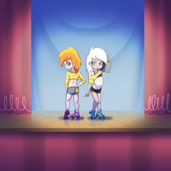 Size: 7000x7000 | Tagged: suggestive, artist:horsepen, artist:parfait, art pack:foaling around, absurd file size, absurd resolution, alternate version, banned from derpibooru, belly button, boombox, booty shorts, bra, butt, child, clothes, collaboration, crop top bra, female, human, humanized, imported from twibooru, lolicon, looking at you, midriff, peachy pie, roller skates, shorts, skimpy outfit, stage, sunny daze, talent show, the show stoppers, underage, underwear, vulva