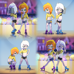 Size: 7000x7000 | Tagged: suggestive, artist:horsepen, artist:parfait, art pack:foaling around, absurd file size, absurd resolution, alternate version, banned from derpibooru, belly button, boombox, booty shorts, bra, butt, child, clothes, collaboration, crop top bra, crowd, female, front knot midriff, human, humanized, imported from twibooru, lolicon, looking at you, midriff, nipples, nudity, peachy pie, ponyville, roller skates, shorts, skimpy outfit, stage, sunny daze, talent show, the show stoppers, underage, underwear, vulva