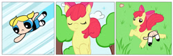 Size: 4561x1472 | Tagged: explicit, artist:aogami, apple bloom, accident, anus, banned from derpibooru, bubbles (powerpuff girls), earth pony, female, filly, foalcon, imported from twibooru, lolicon, nudity, pony, the powerpuff girls, underage, vulva