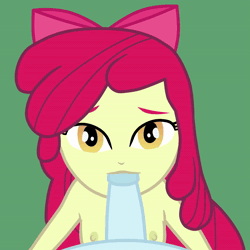 Size: 1080x1080 | Tagged: explicit, artist:cloppy hooves, apple bloom, animated, banned from derpibooru, blowjob, breasts, equestria girls, female, female focus, green background, imported from twibooru, lolicon, looking at you, male, male pov, nipples, nudity, offscreen character, oral, penis, pov, sex, simple background, small breasts, solo focus, sound, underage