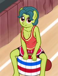 Size: 1530x2000 | Tagged: questionable, artist:deserter, art pack:foaling around, anthro, appleloosa, background pony, banned from derpibooru, barefoot, breasts, buckball, buckball season, buckball uniform, clothes, delicious flat chest, downblouse, earth pony, feet, female, imported from twibooru, lolicon, looking at you, nipples, nudity, plantigrade anthro, shorts, sitting, small breasts, smiling, spats, tomboy, underage, unnamed character