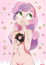 Size: 2480x3508 | Tagged: explicit, artist:nendo, editor:anonymous, sweetie belle, abstract background, banned from derpibooru, belly button, blushing, chocolate, cute, diasweetes, donut, eating, edit, female, food, human, human coloration, humanized, imported from twibooru, lolicon, messy eating, nude edit, nudity, skin color edit, solo, solo female, strategically covered, underage, vulva, young