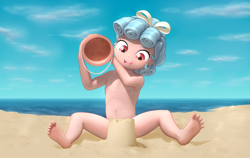 Size: 12226x7743 | Tagged: questionable, art pack:foaling around, absurd resolution, artist needed, banned from derpibooru, barefoot, beach, bikini, breasts, bucket, child, clothes, complete nudity, cozy glow, delicious flat chest, feet, female, happy, human, humanized, imported from twibooru, lolicon, looking at something, nipples, nudist cozy glow, nudity, paywalled source, sandcastle, solo, strategically covered, swimsuit, underage
