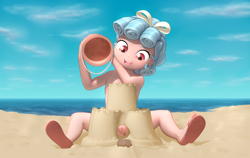 Size: 12226x7743 | Tagged: explicit, art pack:foaling around, absurd resolution, artist needed, banned from derpibooru, beach, bikini, breasts, bucket, child, complete nudity, cozy glow, delicious flat chest, feet, female, happy, human, humanized, imported from twibooru, lolicon, looking at something, nipples, nudity, paywalled source, sandals, sandcastle, solo, underage, vulva