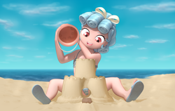 Size: 12226x7743 | Tagged: suggestive, art pack:foaling around, absurd resolution, artist needed, banned from derpibooru, beach, bikini, bucket, cameltoe, child, clothes, cozy glow, feet, female, happy, human, humanized, imported from twibooru, lolicon, looking at something, paywalled source, sandals, sandcastle, solo, swimsuit, underage