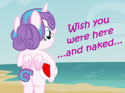 Size: 1634x1225 | Tagged: questionable, artist:papadragon69, princess flurry heart, alicorn, anthro, babycon, banned from derpibooru, beach, beach ball, butt, casual nudity, female, flurrybutt, imported from twibooru, lolicon, naked flurry heart, nude beach, nudity, solo, toddlercon, underage, wish you were here