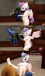 Size: 1920x3240 | Tagged: questionable, artist:papadragon69, princess flurry heart, 3d, alicorn anthro, alternate version, anthro, baby, banned from derpibooru, casual nudity, comic, female, imported from twibooru, jack-in-the-box, lolicon, music notes, naked flurry heart, nipples, nude version, nudity, pony, source filmmaker, speech, talking, text, toddlercon, toy, tripping, underage