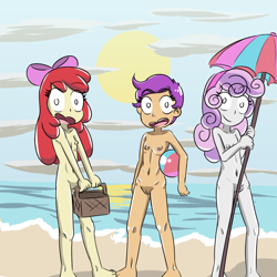 Size: 1400x1400 | Tagged: explicit, artist:plunder, apple bloom, scootaloo, sweetie belle, banned from derpibooru, basket, beach, beach ball, casual nudity, cutie mark crusaders, equestria girls, female, imported from twibooru, lolicon, nude beach, nudity, parasol (umbrella), underage