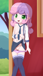 Size: 1080x1920 | Tagged: explicit, artist:an-m, sweetie belle, banned from derpibooru, clothes, female, human, humanized, imported from twibooru, lolicon, necktie, nudity, panties, panties pulled down, presenting, skirt, socks, thigh highs, underage, underwear, vulva