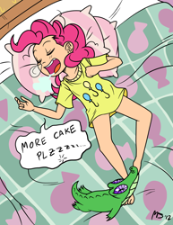 Size: 1041x1347 | Tagged: safe, artist:megasweet, artist:smile, editor:anonymous, pinkie pie, bed, child, clothes, drool, edit, edited edit, feet, female, gummy, human, human coloration, humanized, imported from twibooru, lolicon, onomatopoeia, partial nudity, pillow, shirt, sleeping, snot bubble, solo, sound effects, twibooru original, underage, underwear, younger, zzz