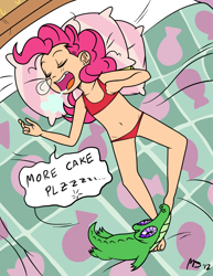 Size: 1041x1347 | Tagged: suggestive, artist:megasweet, artist:smile, editor:anonymous, pinkie pie, banned from derpibooru, bed, belly button, child, clothes, drool, edit, feet, female, gummy, human, human coloration, humanized, imported from twibooru, lolicon, onomatopoeia, pajamas, panties, pillow, red underwear, sleeping, snot bubble, solo, sound effects, underage, underwear, underwear aside, underwear edit, younger, zzz