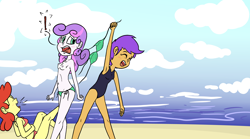 Size: 1940x1080 | Tagged: questionable, artist:happy harvey, apple bloom, scootaloo, sweetie belle, banned from derpibooru, beach, belly button, bikini, breasts, clothes, cloud, cutie mark crusaders, drawn on phone, embarrassed, embarrassed nude exposure, equestria girls, exclamation point, exhibitionism, eyes closed, female, frown, imported from twibooru, laughing, lolicon, nipples, nudity, one-piece swimsuit, partial nudity, public nudity, sand, smiling, stealing, swimsuit, tan lines, topless, two-piece swimsuit, underage, water