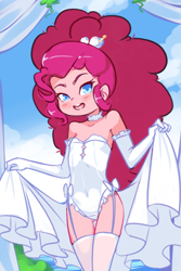 Size: 1280x1920 | Tagged: suggestive, artist:drantyno, pinkie pie, banned from derpibooru, bare shoulders, blushing, bridal lingerie, bride, child, choker, clothes, cloud, cute, diapinkes, dress, equestria girls, evening gloves, female, g4, garter straps, gloves, human, imported from twibooru, legs together, lolicon, long gloves, looking at you, open mouth, open smile, reference used, sky, sleeveless, smiling, socks, solo, solo female, stockings, strapless, teddy (clothing), thigh highs, underage, wedding dress, young, younger