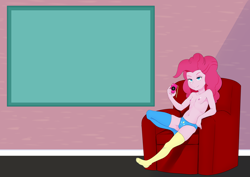 Size: 3536x2500 | Tagged: questionable, artist:oozutsucannon, pinkie pie, banned from derpibooru, camera, child, clothes, equestria girls, female, imported from twibooru, lolicon, panties, partial nudity, socks, solo, thigh highs, topless, underage, underwear, young, younger