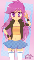 Size: 600x1058 | Tagged: questionable, artist:riouku, editor:anonymous, scootaloo, banned from derpibooru, belly button, breasts, cleavage, clothes, delicious flat chest, edit, edited edit, egg vibrator, female, gloves, human, humanized, imported from twibooru, lolicon, long hair, looking at you, midriff, nipples, nudity, panties, peace sign, sex toy, skirt, skirtaloo, smiling, socks, solo, stockings, thigh highs, thong, twibooru original, underage, underwear, vibrator