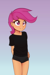 Size: 1082x1627 | Tagged: safe, artist:scorpdk, scootaloo, adorasexy, alternate hairstyle, anonymous editor, arm behind back, banned from derpibooru, blushing, booty shorts, breasts, child, clothes, cute, cutealoo, delicious flat chest, edit, eyelashes, female, gradient background, hand on hip, human, humanized, imported from twibooru, lolicon, pants, purple eyes, sexy, short pants, shorts, simple background, small breasts, smiling, solo, underage, young