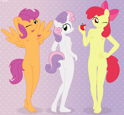 Size: 5097x4721 | Tagged: explicit, artist:tolpain, apple bloom, scootaloo, sweetie belle, anthro, banned from derpibooru, barefoot, belly button, butt, clothes, cutie mark crusaders, earth pony, eating, feet, female, freckles, imported from twibooru, lolicon, modeling, nipples, nudity, one eye closed, panties, pegasus, plantigrade anthro, practitioner of naturism, sweetie butt, underage, underwear, unicorn, vulva