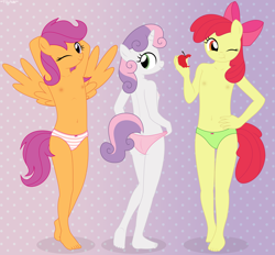 Size: 5097x4721 | Tagged: questionable, artist:tolpain, apple bloom, scootaloo, sweetie belle, anthro, banned from derpibooru, barefoot, belly button, clothes, cutie mark crusaders, earth pony, eating, feet, female, green underwear, imported from twibooru, lolicon, modeling, nipples, nudity, one eye closed, panties, pegasus, pink underwear, plantigrade anthro, striped underwear, underage, underwear, unicorn