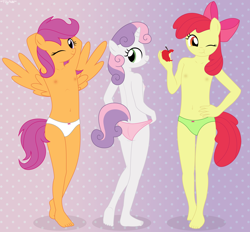 Size: 5097x4721 | Tagged: questionable, artist:tolpain, apple bloom, scootaloo, sweetie belle, anthro, banned from derpibooru, barefoot, belly button, clothes, cutie mark crusaders, earth pony, eating, feet, female, green underwear, imported from twibooru, lolicon, modeling, nipples, nudity, one eye closed, panties, pegasus, pink underwear, plantigrade anthro, underage, underwear, unicorn, white underwear