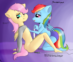 Size: 2800x2400 | Tagged: questionable, artist:riscke, fluttershy, rainbow dash, anthro, banned from derpibooru, blue underwear, bottomless, breasts, clothes, controller, delicious flat chest, dialogue, female, imported from twibooru, leaning back, lolicon, nipples, nudity, panties, partial nudity, pegasus, pouting, shirt, shirt lift, sitting, small breasts, topless, underage, undershirt, underwear, undressing, unguligrade anthro, younger