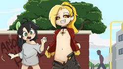 Size: 772x440 | Tagged: explicit, artist:spheedc, oc, oc:anonfilly, oc:dyx, banned from derpibooru, blushing, exhibitionism, female, grin, human, humanized, imported from twibooru, lolicon, oc only, partial nudity, public nudity, smiling, underage
