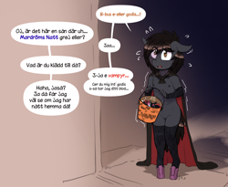 Size: 2646x2169 | Tagged: explicit, artist:replica, oc, oc:replica, anthro, anthro oc, arm warmers, banned from derpibooru, breasts, candy, cape, clothes, costume, delicious flat chest, detailed background, dialogue, digital art, door, ears, earth pony, earth pony oc, edit, exhibitionism, eye clipping through hair, eyebrows, eyebrows visible through hair, female, floppy ears, food, halloween, halloween costume, high heels, high res, holiday, imported from twibooru, lolicon, nipples, nudity, oc only, scared, shivering, shoes, shy, small breasts, socks, solo, speech bubble, swedish, tail, talking, text, thigh highs, underage, unguligrade anthro, vulva, young