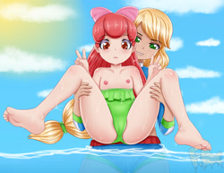 Size: 2200x1700 | Tagged: questionable, artist:focusb, apple bloom, applejack, banned from derpibooru, beach, blushing, breasts, clothes, delicious flat chest, female, human, human coloration, humanized, imported from twibooru, lolicon, one-piece swimsuit, peace sign, spread legs, spreading, swimsuit, underage