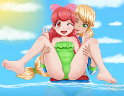 Size: 2200x1700 | Tagged: suggestive, artist:focusb, apple bloom, applejack, banned from derpibooru, beach, blushing, clothes, female, human, human coloration, humanized, imported from twibooru, lolicon, one eye closed, one-piece swimsuit, open mouth, peace sign, spread legs, spreading, swimsuit, underage, wink