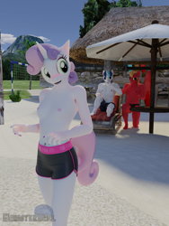 Size: 2916x3888 | Tagged: questionable, artist:hamsterball, shining armor, sweetie belle, 3d, anthro, banned from derpibooru, beach, big mcintosh, blender, breasts, clothes, earth pony, female, imminent sex, imported from twibooru, lolicon, male swimwear challenge, partial nudity, small breasts, sweetiedumb, topless, underage, unicorn