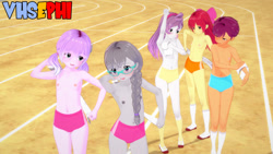 Size: 1280x720 | Tagged: questionable, apple bloom, diamond tiara, scootaloo, silver spoon, sweetie belle, 3d, banned from derpibooru, clothes, cutie mark crusaders, equestria girls, female, imported from twibooru, koikatsu, lolicon, partial nudity, prompter:vhsephiyagami, topless, underage