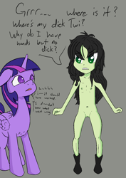 Size: 1000x1414 | Tagged: explicit, artist:happy harvey, twilight sparkle, oc, oc:anonfilly, alicorn, angry, banned from derpibooru, boots, chest fluff, clitoral hood, clothes, colored pupils, dialogue, drawn on phone, equestria girls, female, human, implied transformation, imported from twibooru, lolicon, male to female, nipples, nudity, pony, rule 63, shoes, simple background, species swap, transformation, underage, vulva