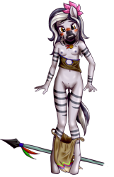 Size: 1199x1865 | Tagged: explicit, artist:anibaruthecat, oc, oc:akinyi, age regression, anthro, banned from derpibooru, blushing, breasts, clothes, female, flower, flower in hair, imported from twibooru, loincloth, lolicon, long hair, melee weapon, nudity, oc only, polearm, simple background, solo, spear, transparent background, underage, underass, unguligrade anthro, vulva, weapon, young, younger, zebra, zebra oc