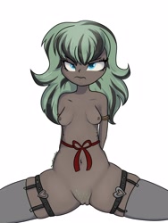 Size: 3001x4000 | Tagged: explicit, artist:dumbwoofer, oc, oc:forest air, angry, banned from derpibooru, bondage, breasts, clitoral hood, clothes, displeased, female, human, human female, humanized, humanized oc, imported from twibooru, lolicon, looking at you, nipples, nudity, oc only, pony coloring, pubic hair, ribbon, rope, simple background, small breasts, socks, solo, solo female, spread legs, spreading, teenager, thick, thigh highs, underage, white background
