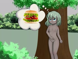 Size: 2048x1537 | Tagged: explicit, artist:dumbwoofer, oc, oc:forest air, banned from derpibooru, belly, belly button, breasts, burger, delicious flat chest, female, food, hand, human, humanized, hungry, imported from twibooru, lolicon, nipples, nudity, thought bubble, tree, underage, vulva