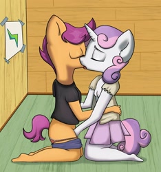 Size: 1914x2048 | Tagged: explicit, artist:dumbwoofer, scootaloo, sweetie belle, anthro, banned from derpibooru, breasts, clothes, delicious flat chest, eyes closed, feet, female, fingering, hand, imported from twibooru, kissing, lesbian, lolicon, nipples, nudity, panties, pants, pegasus, plantigrade anthro, sex, shirt, skirt, t-shirt, underage, underwear, unicorn