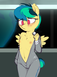 Size: 1473x1991 | Tagged: explicit, artist:shinodage, oc, oc:apogee, anthro, banned from derpibooru, breasts, delicious flat chest, female, imported from twibooru, lolicon, pegasus, solo, space, spacesuit, underage, undressing
