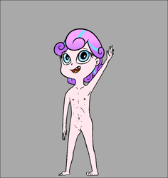 Size: 883x934 | Tagged: explicit, artist:happy harvey, princess flurry heart, banned from derpibooru, belly button, drawn on phone, equestria girls, female, gray background, human, imported from twibooru, lolicon, looking up, missing teeth, nipples, nudity, open mouth, simple background, smiling, solo, tooth gap, underage, vulva, waving