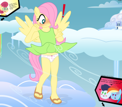 Size: 2946x2591 | Tagged: suggestive, artist:tolpain, fluttershy, rainbow dash, anthro, banned from derpibooru, clothes, cloudsdale, dialogue, dress, female, imported from twibooru, lolicon, male, panties, pegasus, plantigrade anthro, posey shy, shipping, skirt, soarin', soarindash, spread wings, straight, sundress, underage, underwear, upskirt, white underwear, wingboner, wings, younger