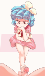 Size: 2032x3404 | Tagged: explicit, artist:pestil, ball torture, banned from derpibooru, clothes, cozy glow, dress, feet, female, fetish, foot fetish, footjob, human, humanized, imported from twibooru, lolicon, looking at penis, nail polish, nails, nudity, panties, paywalled source, penis, thighs, underage, underwear