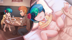 Size: 4740x2660 | Tagged: explicit, artist:pestil, oc, oc:apogee, oc:jet stream, banned from derpibooru, barefoot, bed, belly, belly button, bottomless, breasts, clitoral hood, clitoris, clothes, creampie, cum, cum on belly, cum on body, cum on clothes, cum on hair, cum on vulva, cute, delicious flat chest, equestria girls, eyes closed, facial, father and child, father and daughter, feet, female, flower, freckles, happy, happy sex, human, humanized, imported from twibooru, incest, insertion, internal cumshot, lifted shirt, lolicon, male, nudity, oc only, open mouth, open smile, panties, panties around leg, partial nudity, paywalled source, penetration, penis, pillow, pubic hair, rose, satisfied, sex, small breasts, smiling, spread legs, spreading, straight, table, underage, underwear, vagina, vaginal, vaginal creampie, vaginal insertion, vulva, x-ray