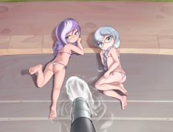 Size: 1997x1536 | Tagged: suggestive, artist:pestil, diamond tiara, silver spoon, banned from derpibooru, bikini, blushing, breasts, butt, clothes, delicious flat chest, feet, female, glasses, hose, human, humanized, imported from twibooru, lolicon, looking at you, on stomach, side, sideboob, small breasts, swimming pool, swimsuit, unamused, underage, water
