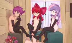 Size: 2048x1218 | Tagged: explicit, artist:pestil, apple bloom, scootaloo, sweetie belle, arm warmers, bandage, banned from derpibooru, barefoot, blushing, breasts, clothes, clubhouse, crusaders clubhouse, cutie mark crusaders, delicious flat chest, embarrassed, feet, female, fetish, foot fetish, footjob, footsie, grin, high res, human, humanized, imported from twibooru, lolicon, male, nipples, nudity, open smile, paywalled source, penis, small breasts, smiling, socks, stockings, stool, straight, thigh highs, underage, vagina, vulva