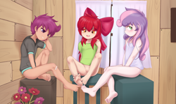 Size: 4974x2958 | Tagged: explicit, artist:pestil, apple bloom, scootaloo, sweetie belle, banned from derpibooru, belly, belly button, blushing, bottomless, clothes, clubhouse, crusaders clubhouse, cutie mark crusaders, embarrassed, equestria girls outfit, feet, female, fetish, foot fetish, footsie, grin, high res, human, humanized, imported from twibooru, lolicon, nudity, open mouth, open smile, partial nudity, paywalled source, smiling, stool, underage, vagina, vulva
