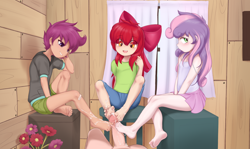 Size: 4974x2958 | Tagged: explicit, artist:pestil, apple bloom, scootaloo, sweetie belle, bandage, banned from derpibooru, barefoot, blushing, clothes, clubhouse, crusaders clubhouse, cum, cum on feet, cutie mark crusaders, embarrassed, equestria girls outfit, feet, female, female on male, fetish, foot fetish, footjob, footsie, grin, high res, human, humanized, imported from twibooru, lolicon, male, nudity, open mouth, open smile, orgasm, orgasm cumshot, paywalled source, penis, smiling, stool, straight, tanktop, underage