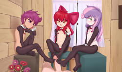 Size: 2048x1218 | Tagged: explicit, artist:pestil, apple bloom, scootaloo, sweetie belle, arm warmers, banned from derpibooru, belly, belly button, blushing, bow tie (g3), breasts, clothes, clubhouse, costume, crusaders clubhouse, cutie mark crusaders, delicious flat chest, embarrassed, feet, female, fetish, foot fetish, footjob, footsie, grin, high res, human, human coloration, humanized, imported from twibooru, lolicon, male, nudity, open smile, pasties, paywalled source, penis, small breasts, smiling, stockings, stool, straight, thigh highs, underage