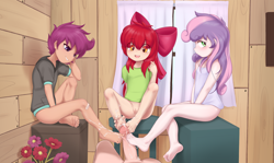 Size: 4974x2958 | Tagged: explicit, artist:pestil, apple bloom, scootaloo, sweetie belle, banned from derpibooru, barefoot, bottomless, clothes, cum, cum on feet, cumming, cutie mark crusaders, embarrassed, feet, female, fetish, foot fetish, footjob, grin, human, humanized, imported from twibooru, lolicon, male, nudity, open mouth, open smile, orgasm, partial nudity, penis, smiling, straight, underage, vagina, vulva